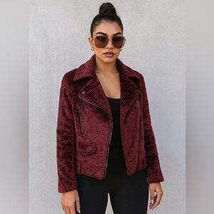 Avec Les Filles Faux Fur Moto Jacket Burgundy Wine XS Oversized NWT